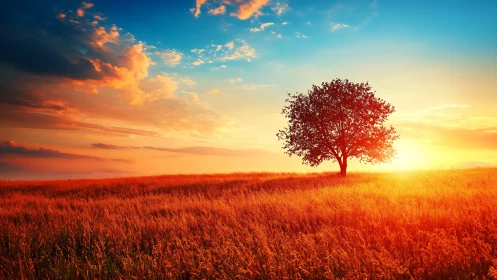 Solitary tree in sunlit field under vivid evening sky.