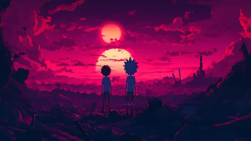 Two quiet travelers watching twin suns over a neon wasteland.