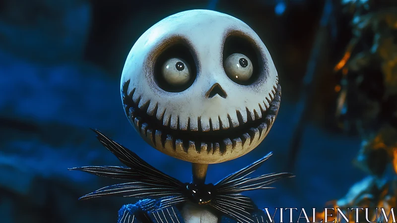 Stop motion skeleton character with striped bow tie.
