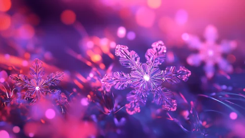 Iridescent crystal snowflakes glow in neon winter light.