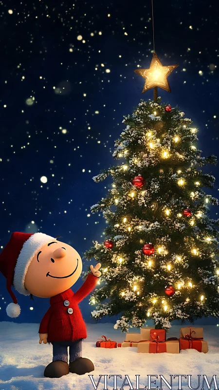 Smiling child admires glowing Christmas tree under starlit sky.