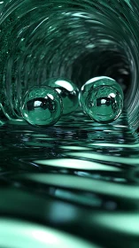 Glass orbs surf a liquid tunnel of emerald reflections