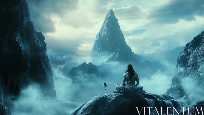 Solitary ascetic silhouette studies mist-laden alpine peak alignment