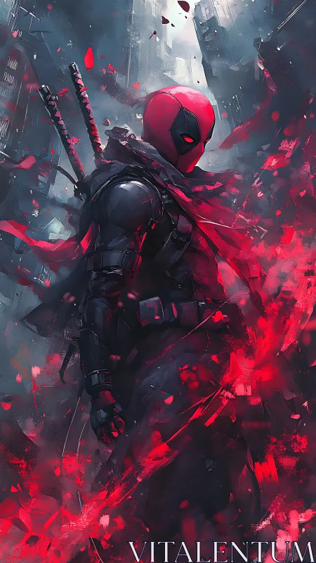 Masked red and black antihero in ruined neon cityscape.