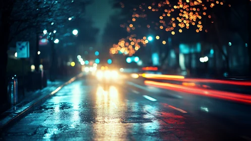 Rain-soaked boulevard with neon bokeh light trails at night.
