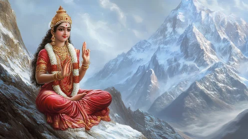Seated female deity in red robes meditates on snowy mountains
