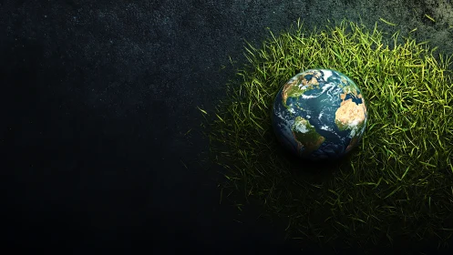 Gentle planet cradled in grass on a quiet dark ground.