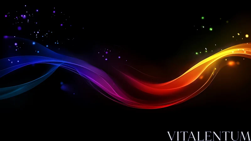 Curved multicolor light bands traverse a black digital field