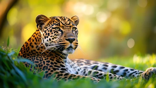 Sunlit leopard lounge in emerald forest hush.