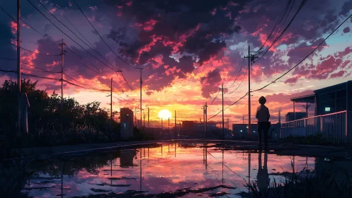 Solitary figure contemplates a neon-lit sunset street reflection.