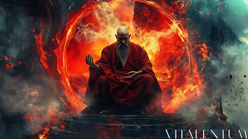 Monk commands fiery vortex within dark crumbling ruins