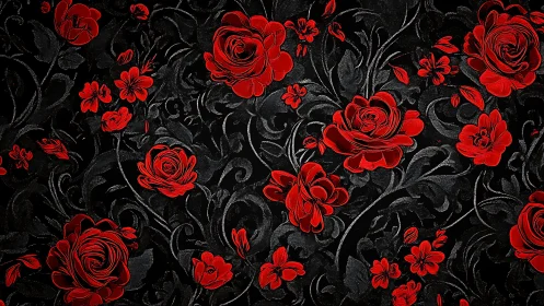 Red Roses on Black Damask Background.