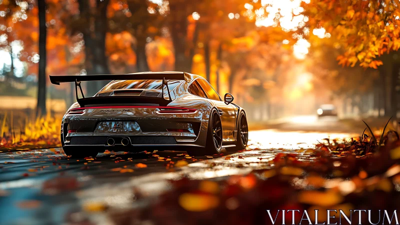 Autumn flare supercar idling in a tunnel of burning leaves.