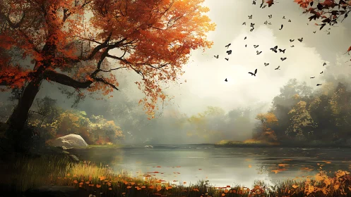 Golden autumn lake glows softly beneath drifting birds