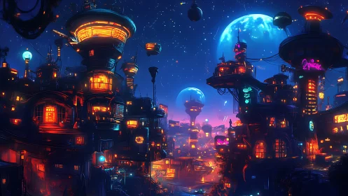 Neon moons cradle a bustling skyport city of glowing towers