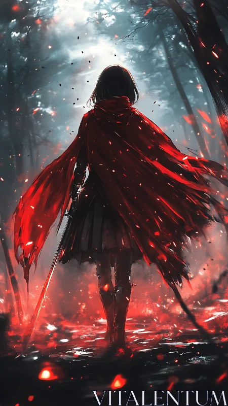 Backlit scarlet-cloaked swordswoman in ember-strewn forest.