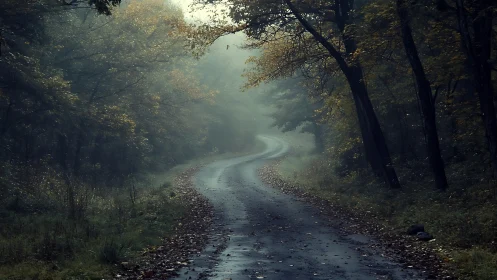 Atmospheric Woodland Road Pathway Through Dense Deciduous Forest Canopy.