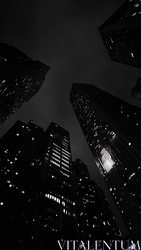 Nighttime skyscrapers framed against dark overcast sky.