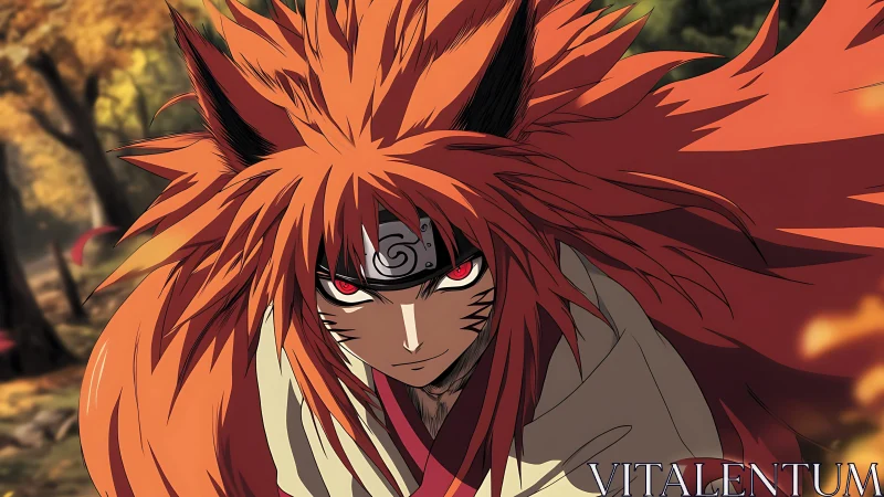 Fiery fox warrior charging through a glowing autumn forest.