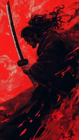Samurai silhouette with katana against turbulent crimson sky