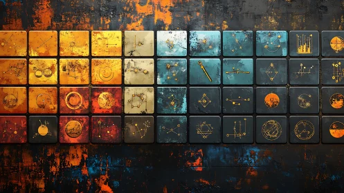 Color grid of abstract science symbols on textured wall.