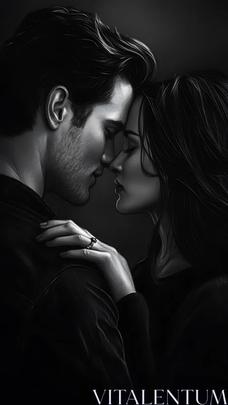 Two figures share an intimate moment in monochromatic stillness.