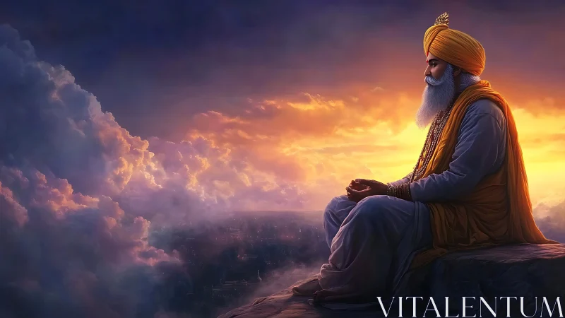 Meditative Sikh elder on cliff ledge against radiant sunset sky