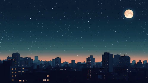 Nocturnal city skyline under starfield and full moon glow.