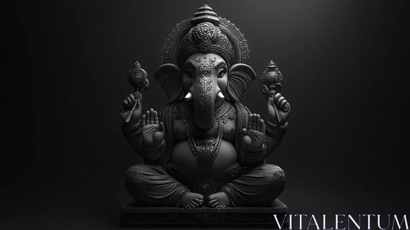 Graceful Ganesha sculpture sits in calm, intricate detail