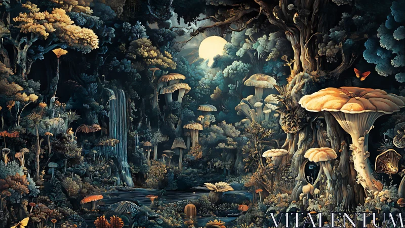 Moonlit fantasy forest with oversized mushrooms and falls.