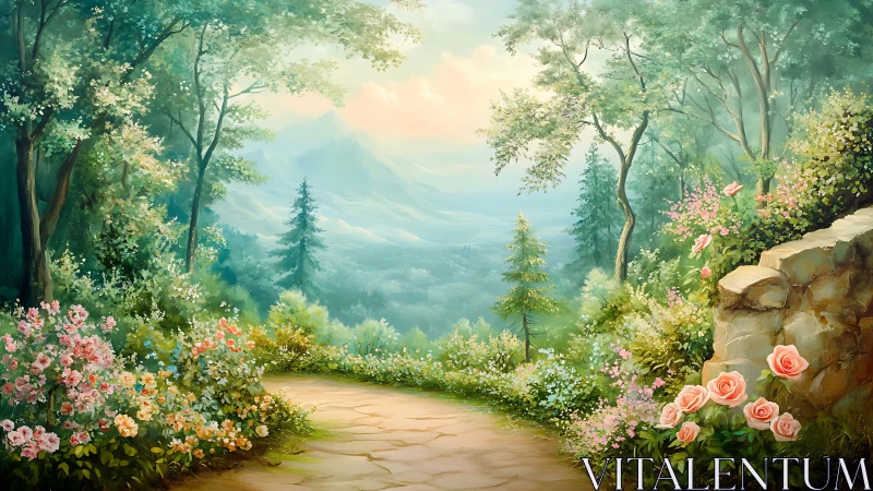 Pastel woodland path with floral borders in digital painting.
