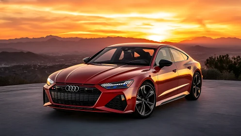 Red Audi sport sedan stands on overlook under vivid sunset sky