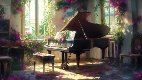 Grand piano entwined with luminous floral overgrowth in light.