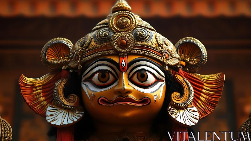 Polychrome ritual mask with gilded filigree and radial fans.