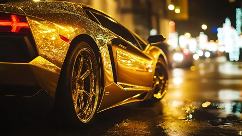 Golden supercar glows under vibrant city night lights.