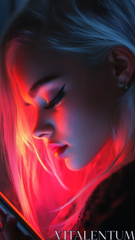 Neon glow wraps a thoughtful young woman in quiet light