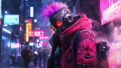 Neon punk cyborg drifter in vaporwave city haze at night.