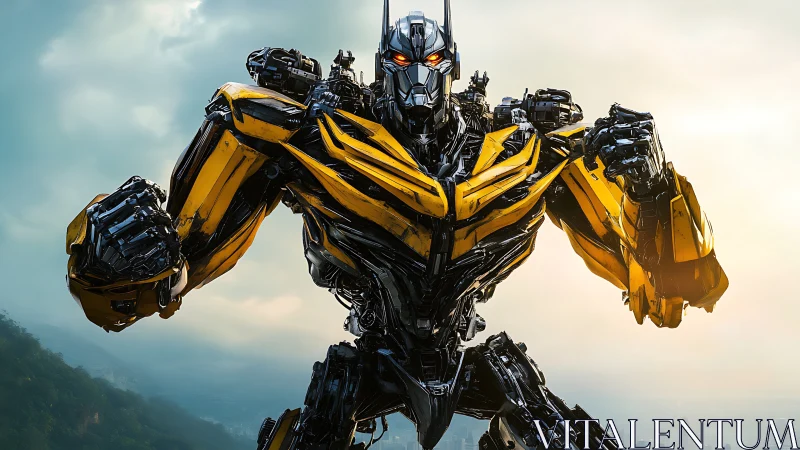 Armored yellow mech warrior poised over misty skyline.