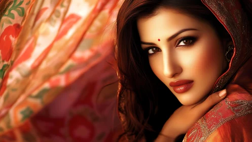 Portrait shows woman in red traditional attire with direct gaze