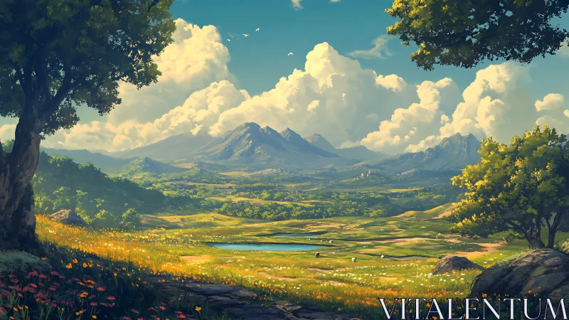 Lush valley landscape under towering summer mountains.