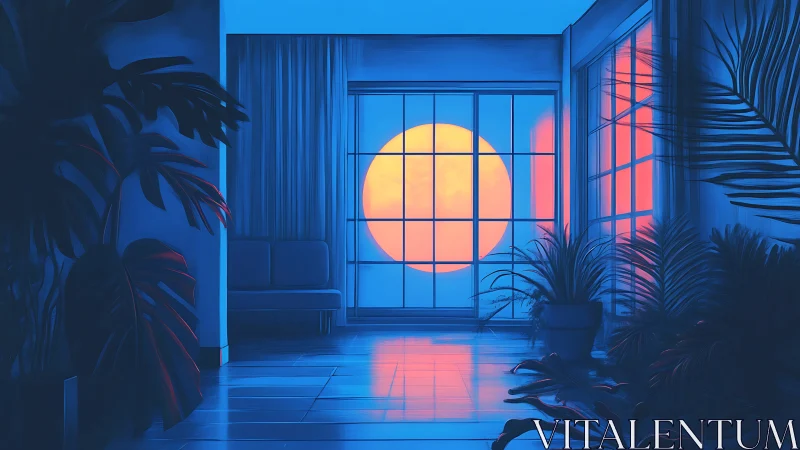 Neon dusk interior with potted palms and gridded sun window