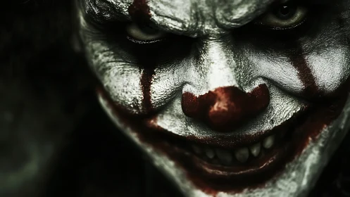 Sinister clown close-up with menacing, shadowed grin.