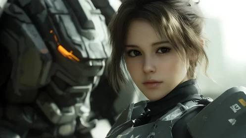 Young armored woman stands beside massive combat mech.