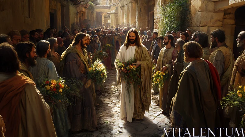 Jesus walks narrow street lined with followers and flowers.
