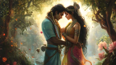 Two figures in ornate garments positioned within illuminated forest setting.