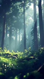 Misty forest interior with tall conifers and undergrowth