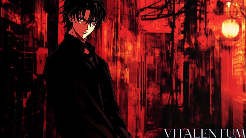 Brooding anime figure in red high-contrast urban alleyway