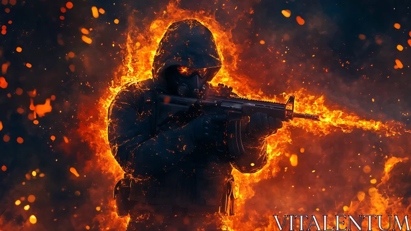 Armed figure silhouette engulfed in fire.