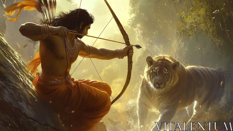 Sun-drenched archer trades steady stares with a prowling tiger