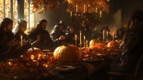 Medieval autumn feast glows under candlelit pumpkins.